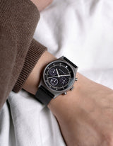 Black Solar chronograph leather strap watches