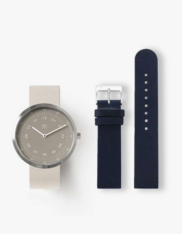 SMOKE GREEN OFFWHITE 40MM + NAVY LEATHER STRAP SET  (SILVER)